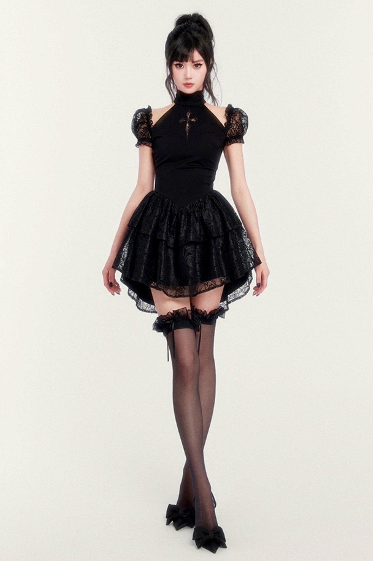 Gothic Cross Cut-Out Tutu Dress With Shorts Legging Set-UP