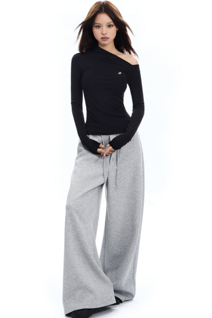 APEA American Retro Fake Placket Black Grey Straight Leg Sweatpants Women's Elasticated Waist Drawstring Loose Wide Leg Casual Pants