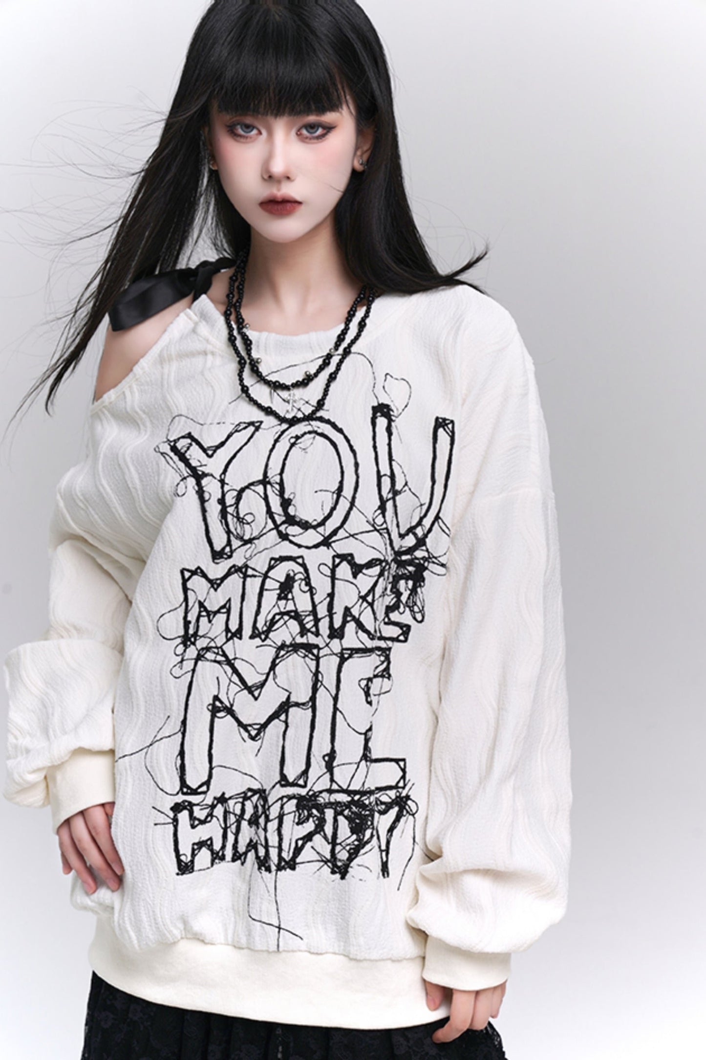 Ghost Girl White Off-the-Shoulder Sweatshirt Women's Spring and Autumn Style Loose and Lazy Wind One-Shoulder Off-the-Shoulder Top Women's Sweet and Cooles Kleidungsstück