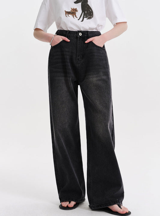 DESIGNER PLUS black grey high-waisted denim wide-leg pants for a hot girl to look slim and tall in summer