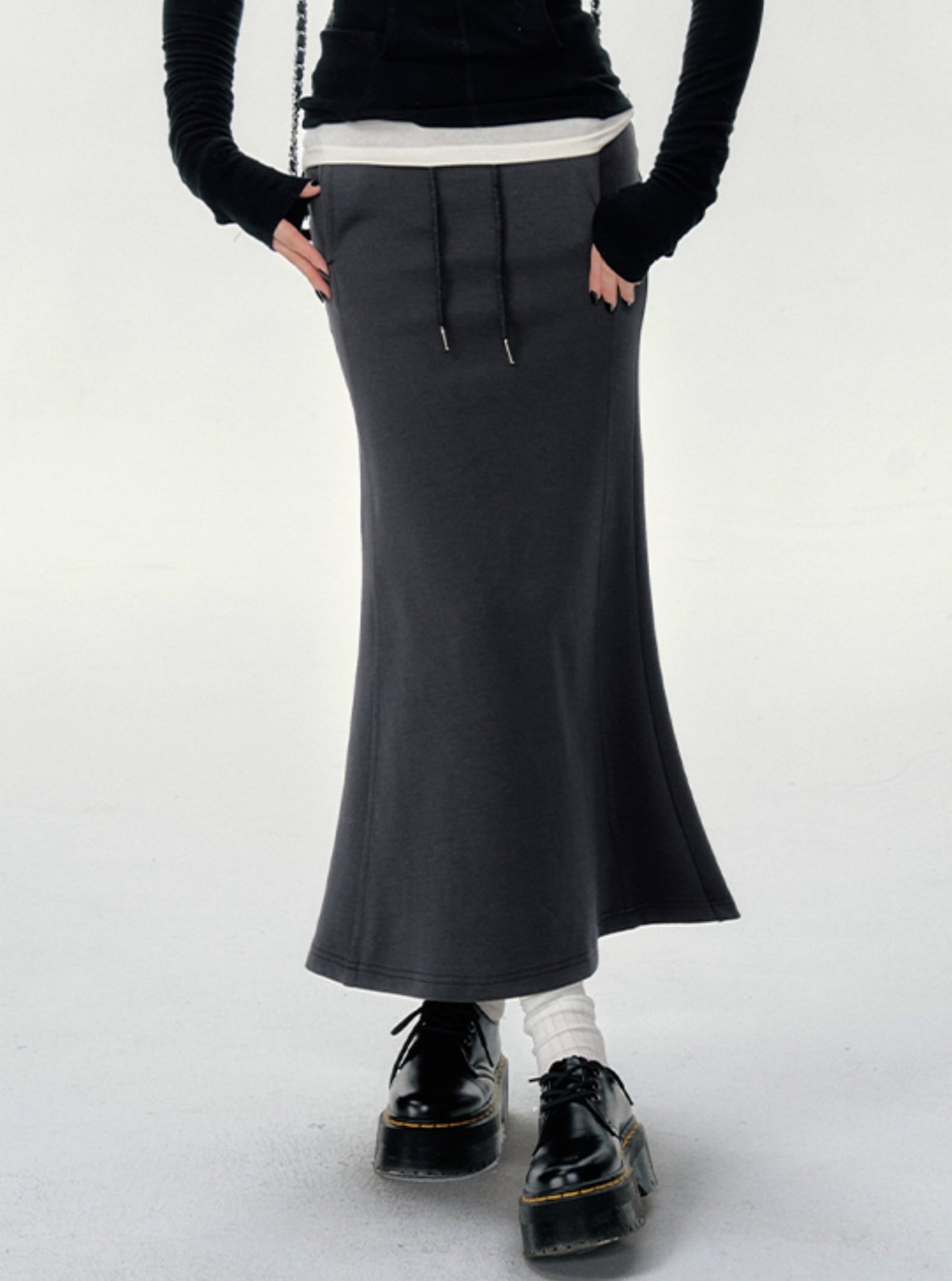 American Retro Dark Gray Versatile Slim Maxi Skirt