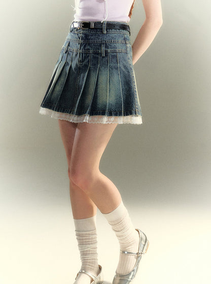 Lace Denim Pleated Skirt