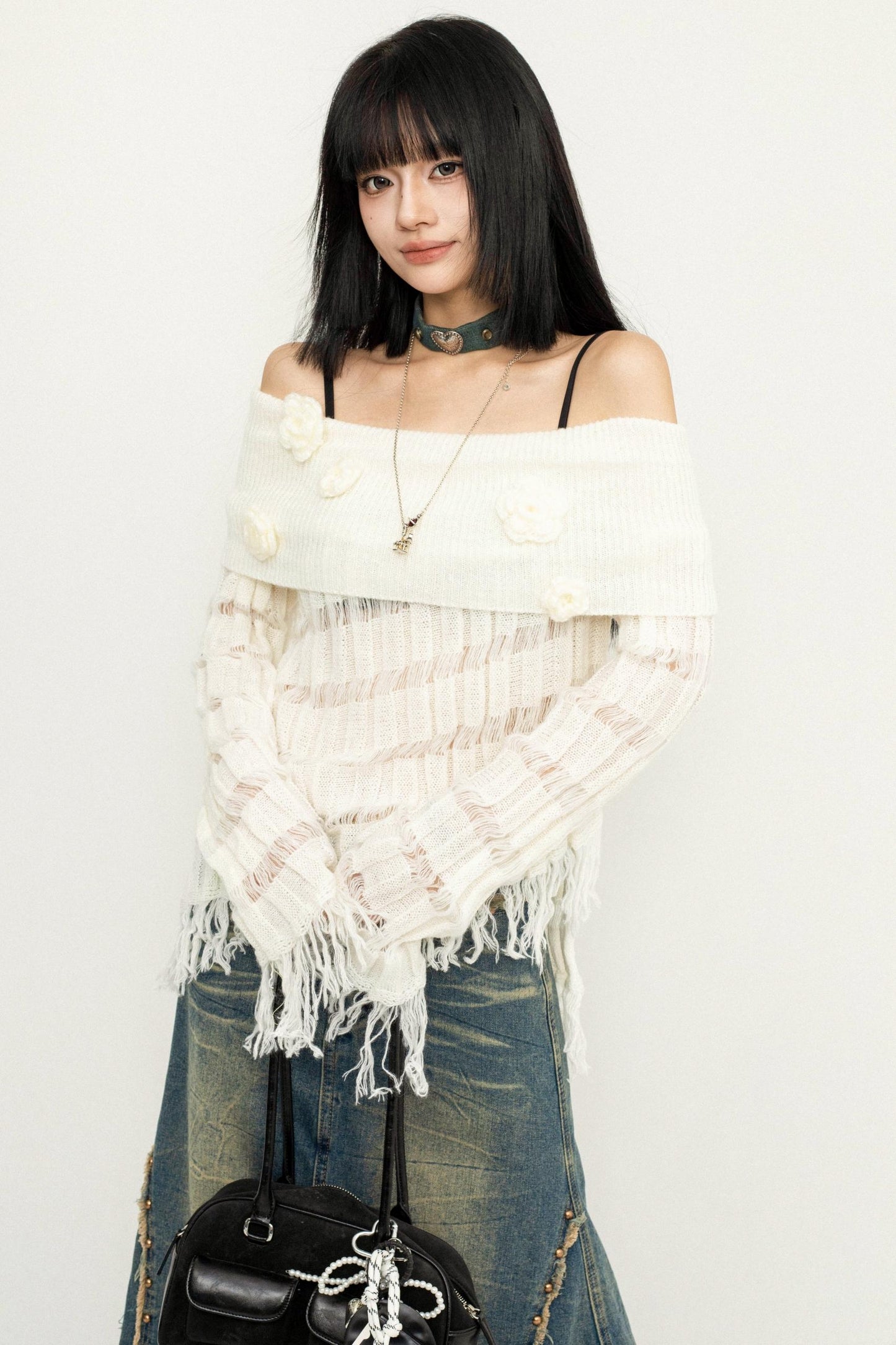 Off-Shoulder Tassel Knit Sweater