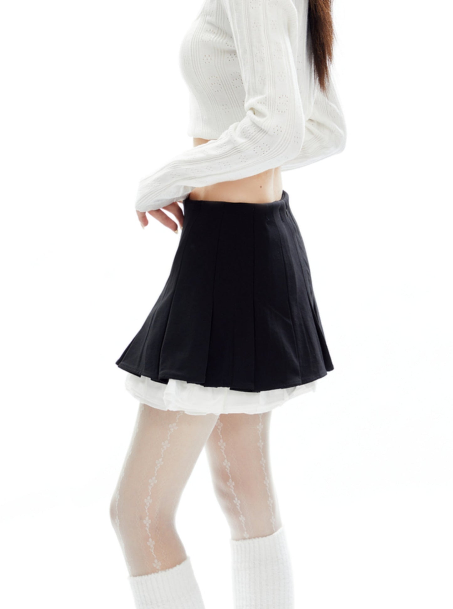 Retro Contrast Fake Two Pleated Skirt