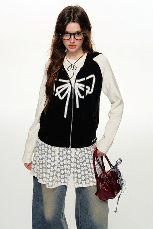 Fall Bow Knit Hooded Jacket