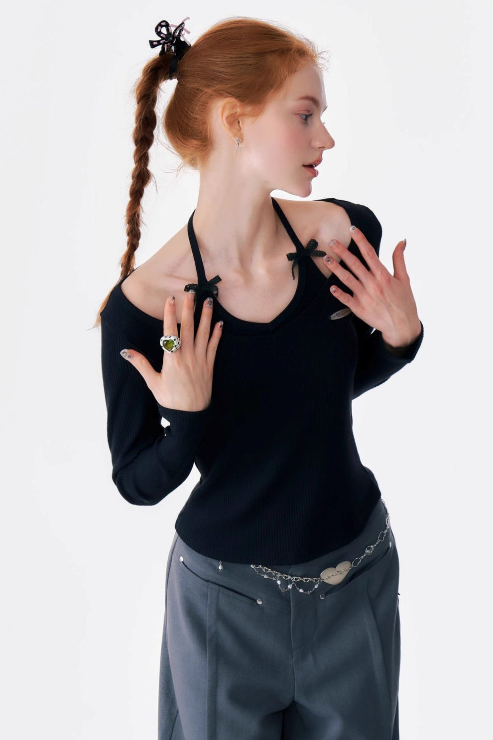 Fake Two Bow Halterneck Top