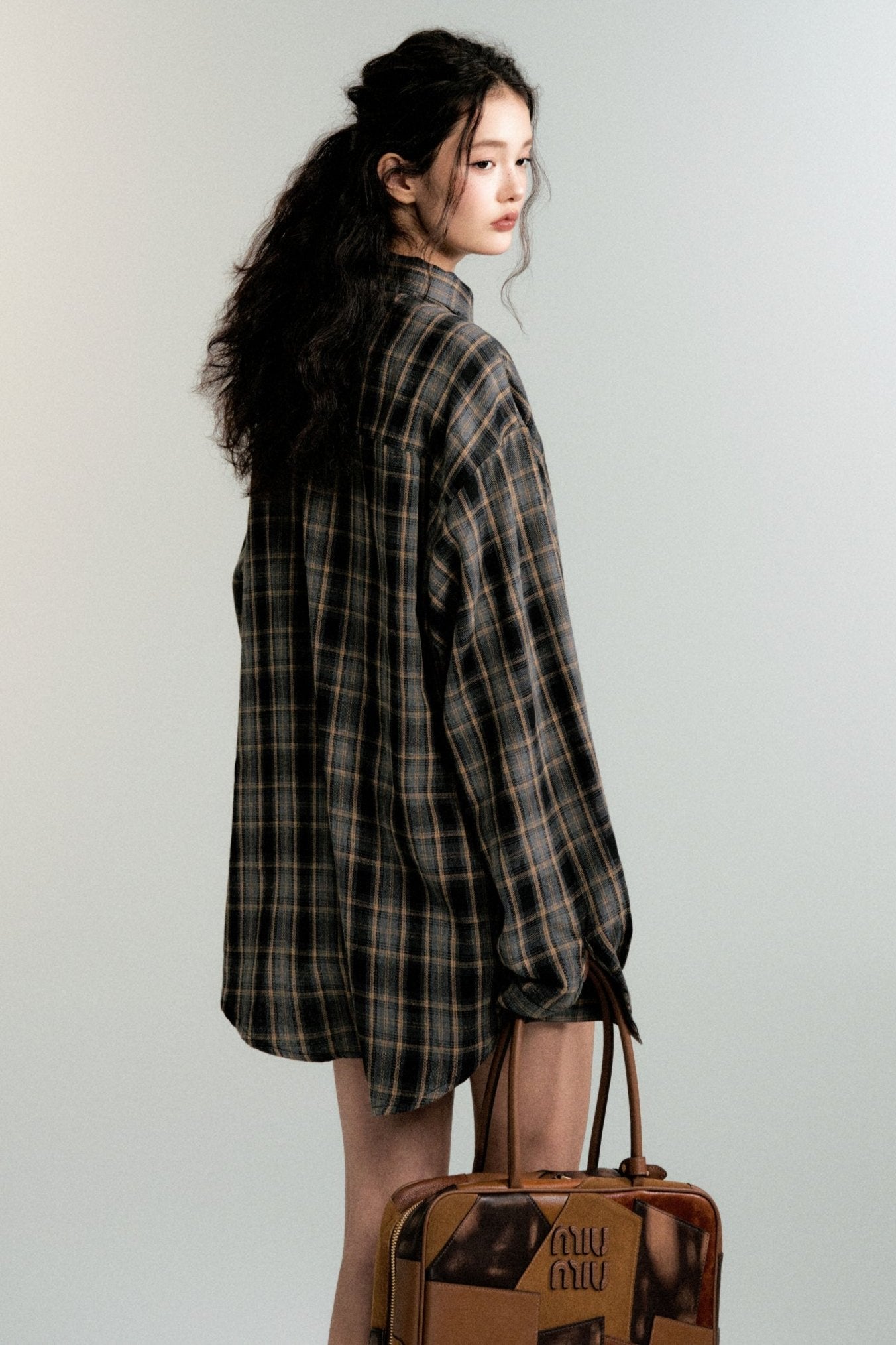 Color-Block Loose Check Long-Sleeed Shirt