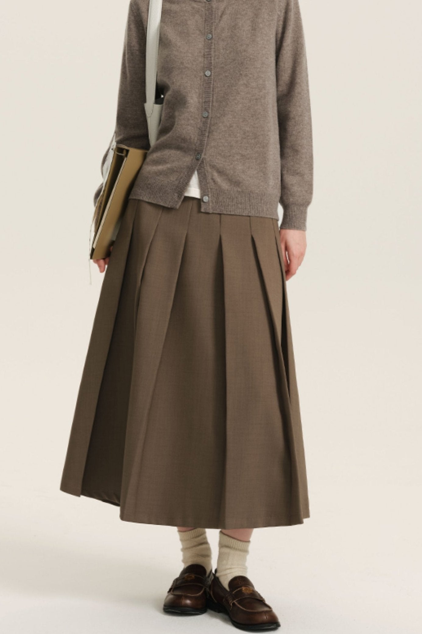 Khaki High-Waisted Pleated Skirt