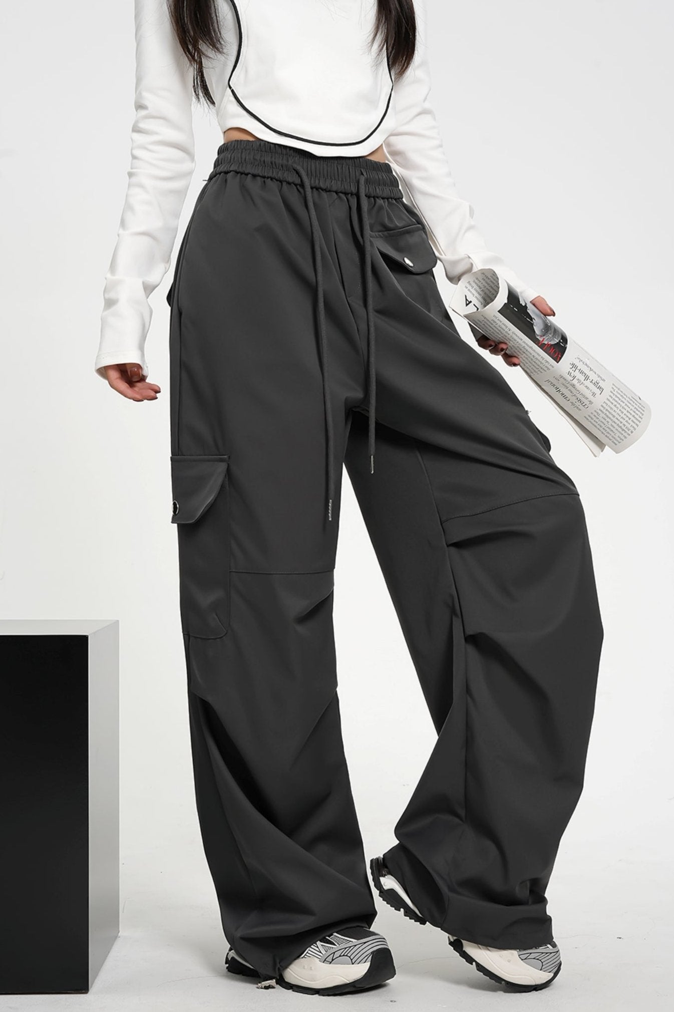 High-Waisted Elasticated Waist Cargo Pants