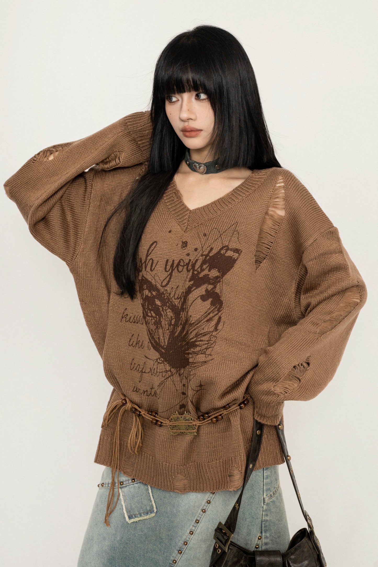 Coffee Knit Loose Fit Butterfly Sweater