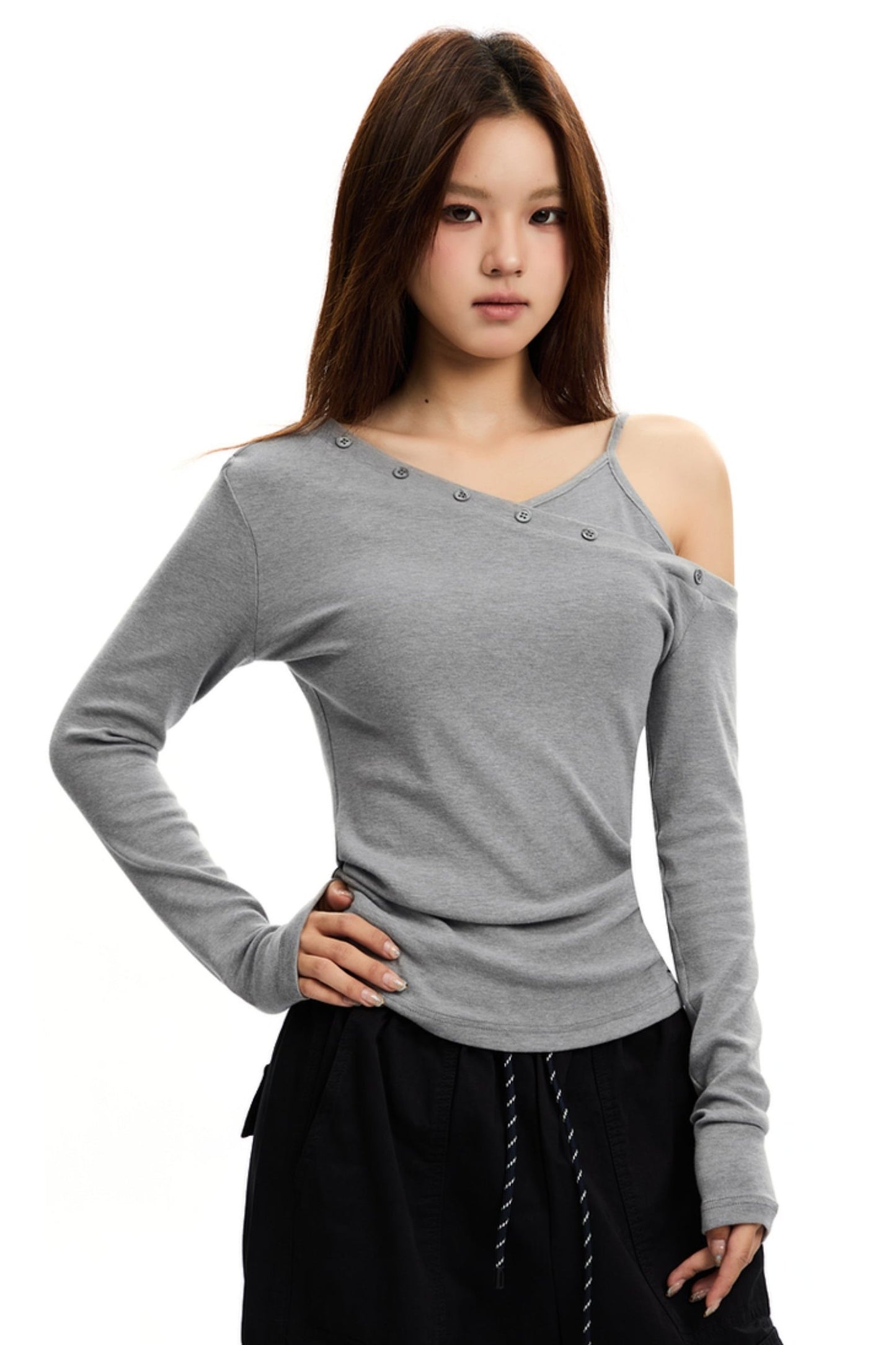 SLANTED SHOULDER IRREGULAR Button TWO-PIECE TOP