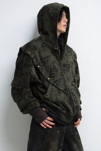 CAMOUFLAGE VINTAGE DISTRESSED HOODED JACKET