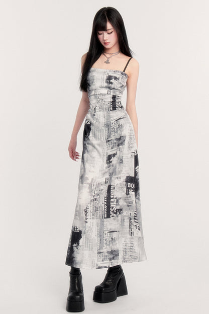 Retro Punk Pictorial Print Slip Dress