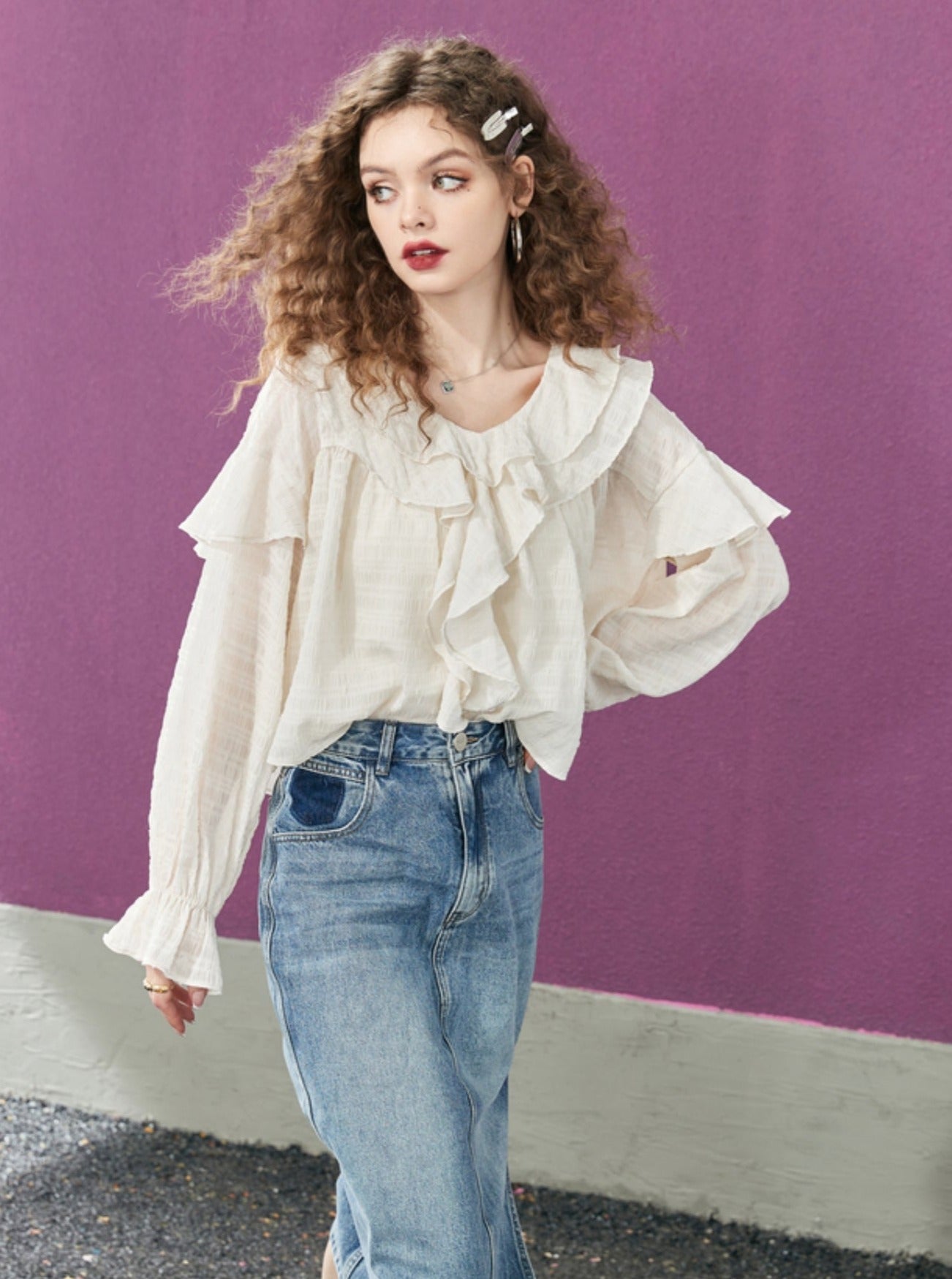 Fairy Cut-Flower Ruffle Chiffon Shirt Set