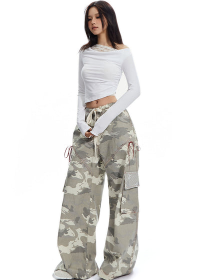 APEA American Vintage Print Drawstring Camouflage Cargo Pants 2024 Sommer Neue Loose Straight Casual Wide-leg Pants