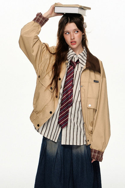 CyNi American Plaid Panelled Jacke Jacke Kontrast Top Khaki Retro Casual Loose Luxury Sense o