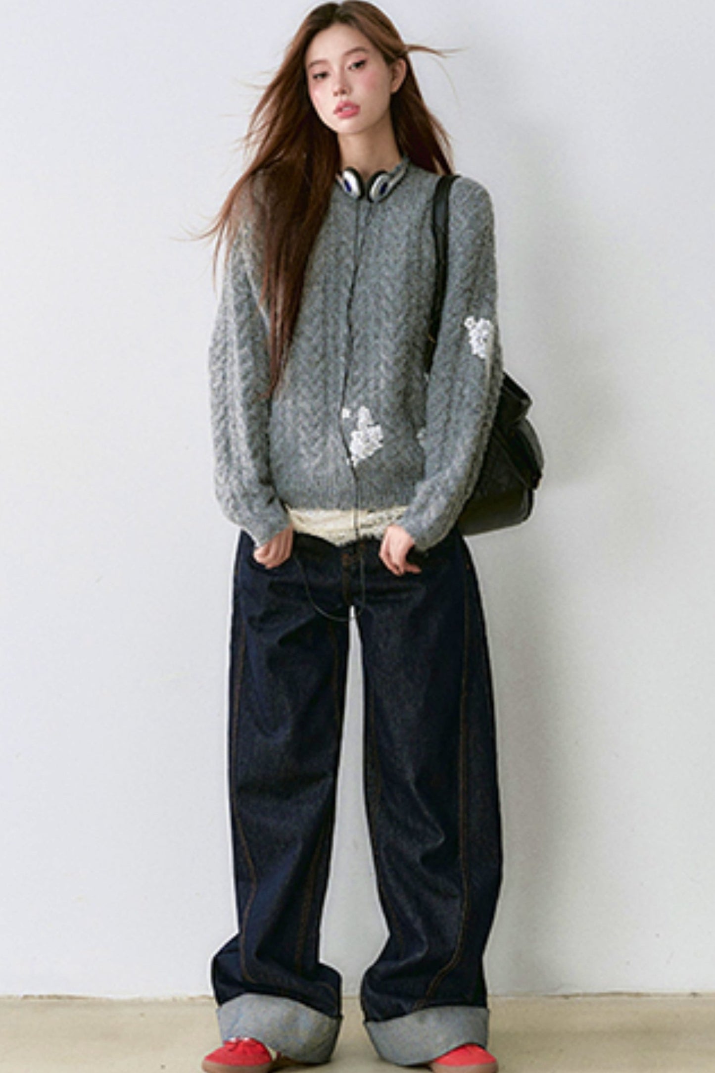 Lace Panel Padded Pullover Sweater