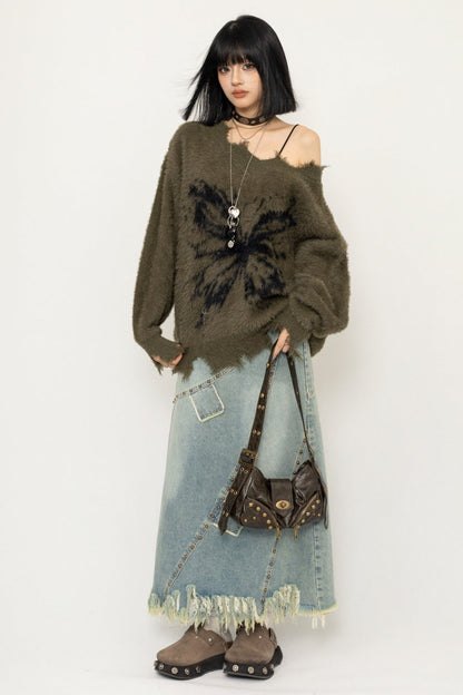 Frayed Sweater Butterfly Print Top