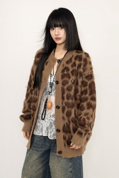 Loose Fit Leopard Print Knit Jacket