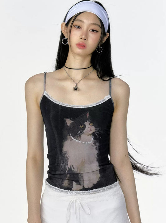 Cat Print Sleeveless Camisole Top