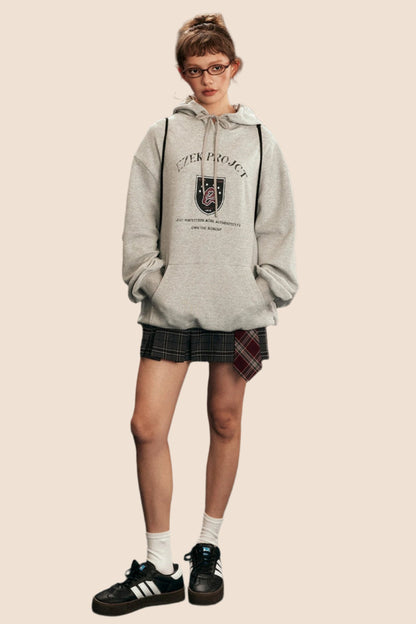 Badge Print Hooded Pullover Grey Sweatshirt