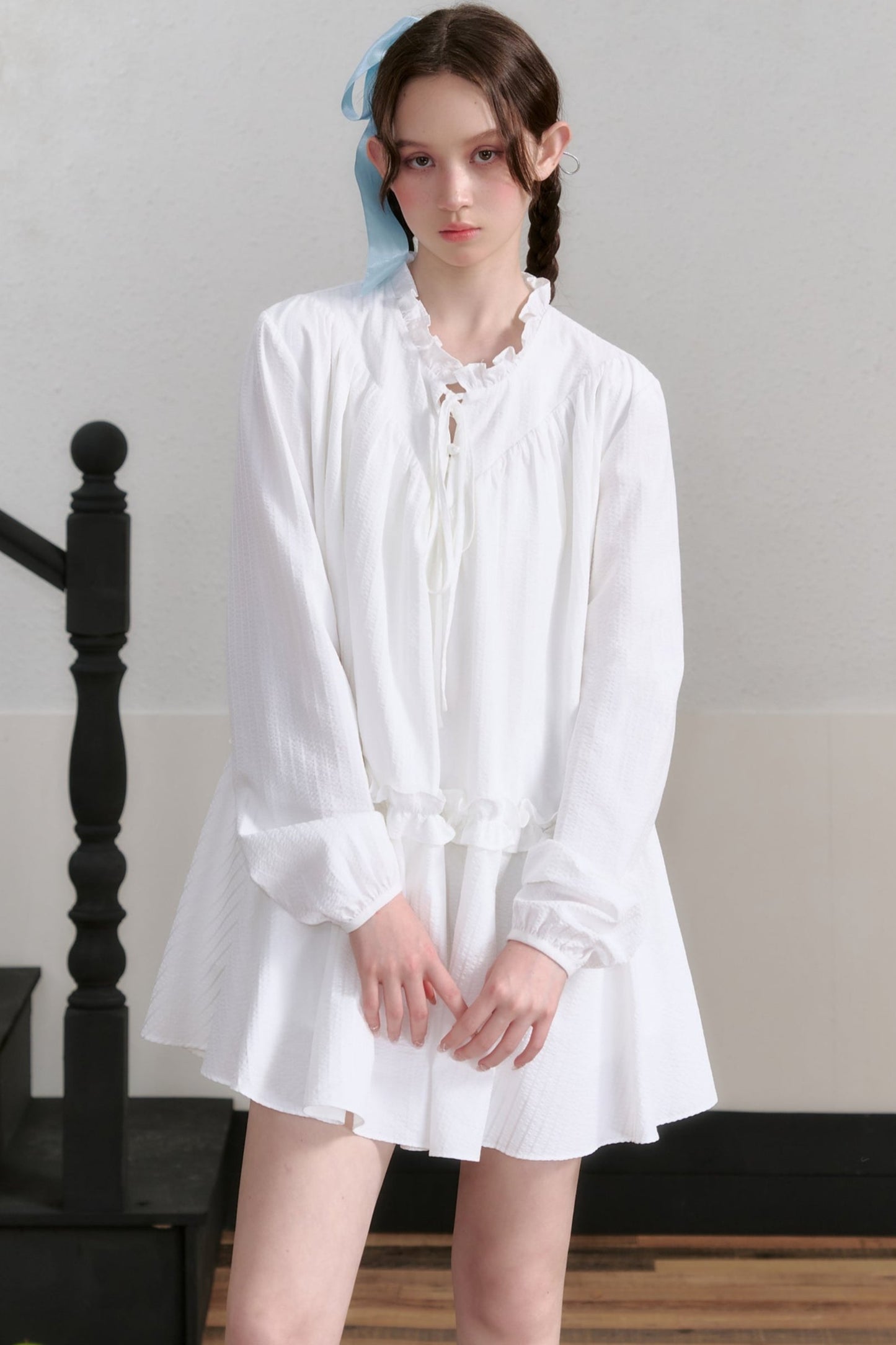 AYF Lace-up Shirt Dress French retro niche design sense foreign long-sleeved loose cropped dress