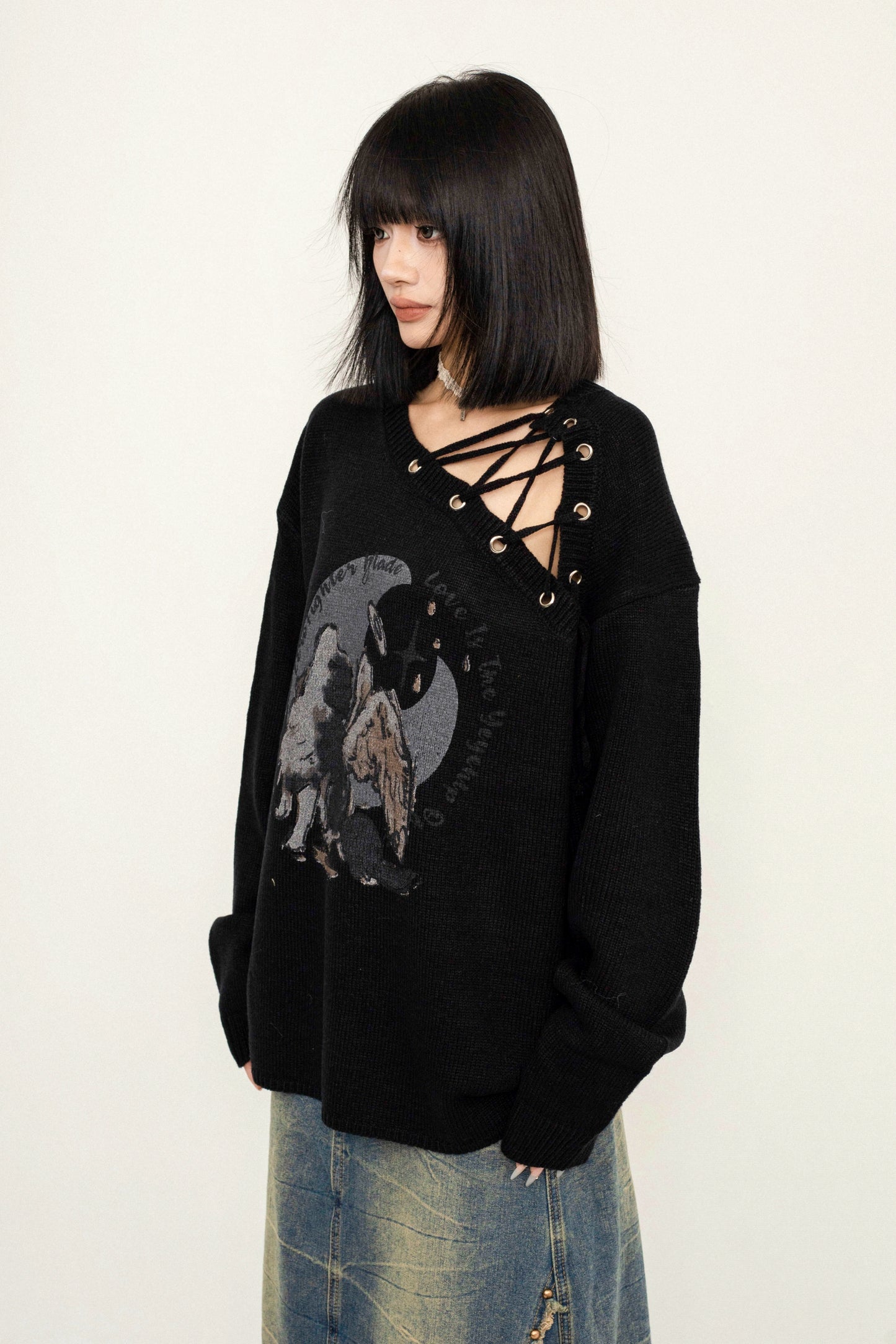 OCTTFLAB Fall/Winter New Off-the-Shoulder Lace-up Design Loose Sweater Pullover Slim Printed Knit Sweater Women