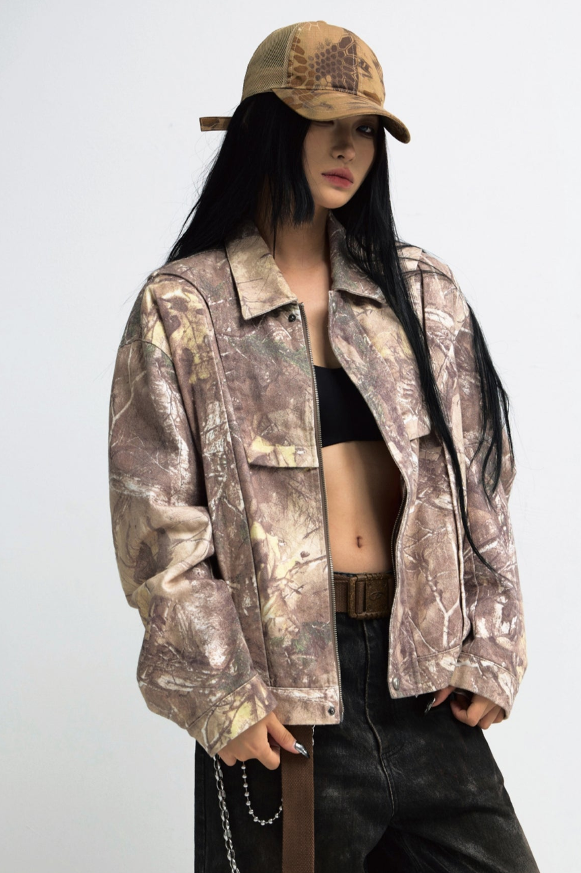 PEOPLESTYLE CAMOUFLAGE TOTHOLZ DENDRILL ROLL-LAPEL CARGO JACKET GENDERLESS VINTAGE WASHED CARDIGAN JACKET