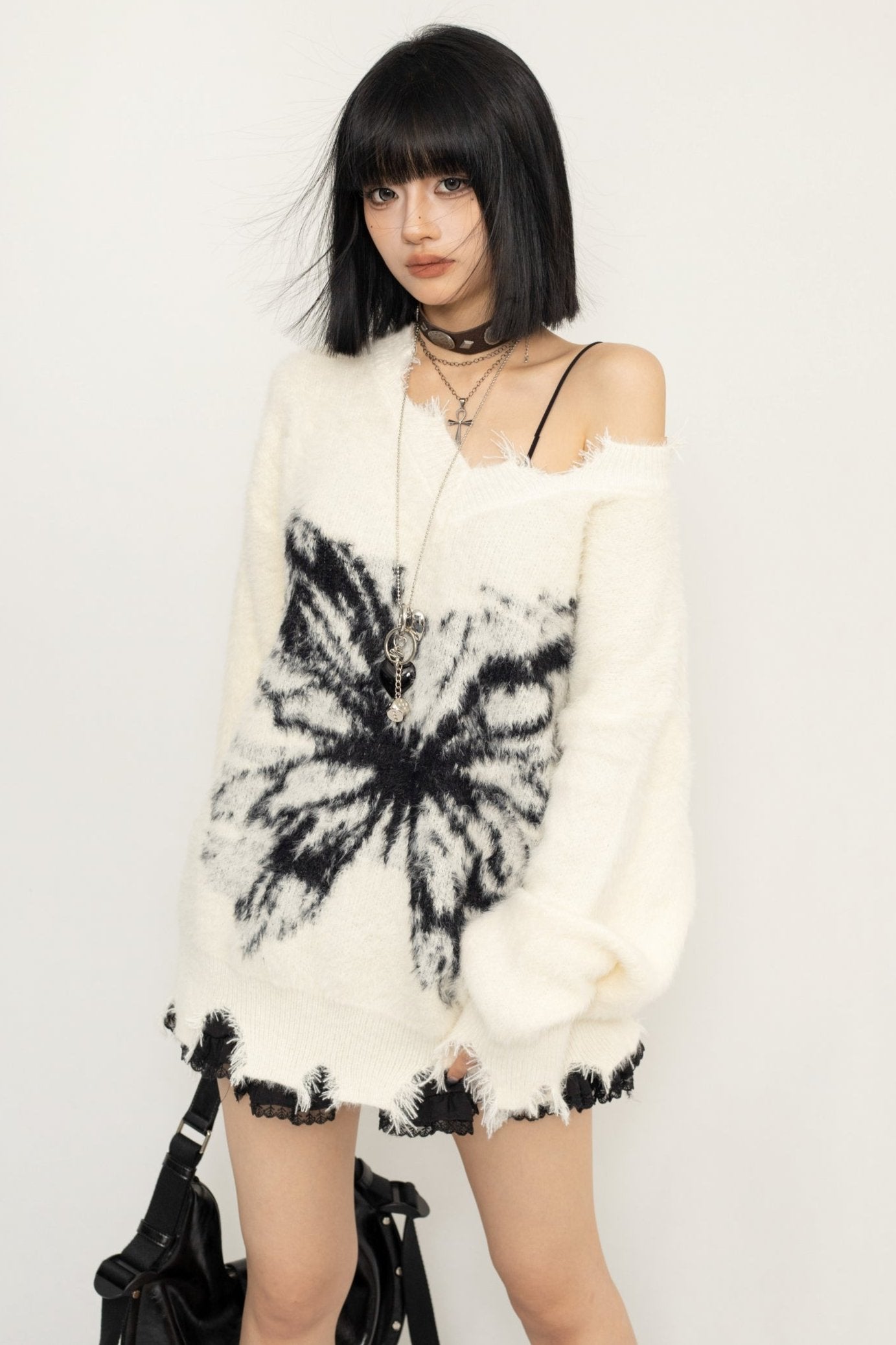 OCTTFLAB Lazy Wasteland Frayed Sweater Butterfly Print Top Herbst-Winter 2024 Neue Strickwaren Frauen