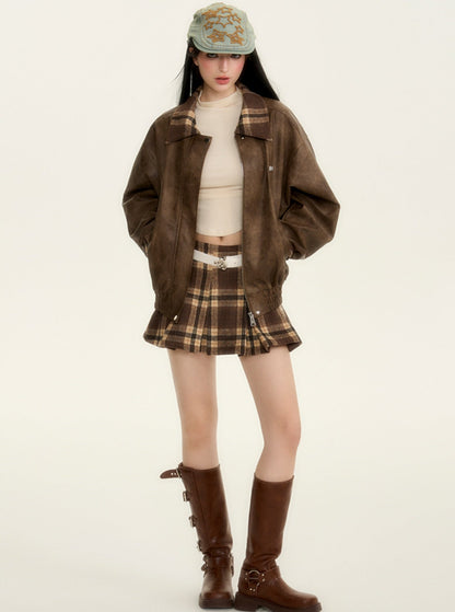 American paneled baseball leather jacket skirt set-up