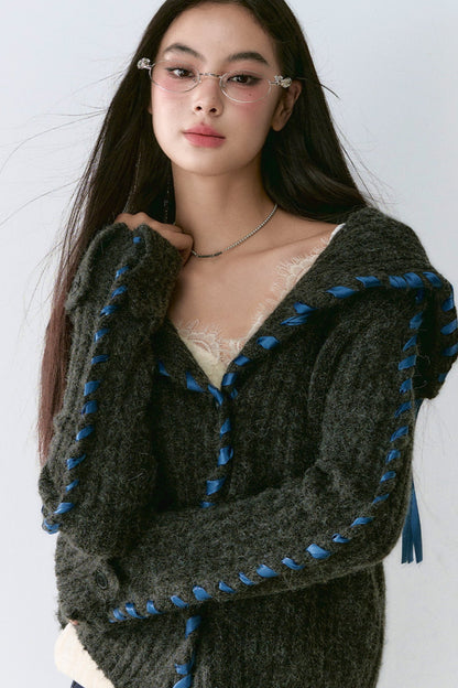 Lace Panel Sweater Jacket With Contrasting Knit Cardigan Vest