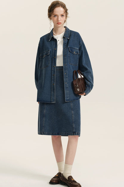 Blue Denim Shirt And Skirt Set-Up