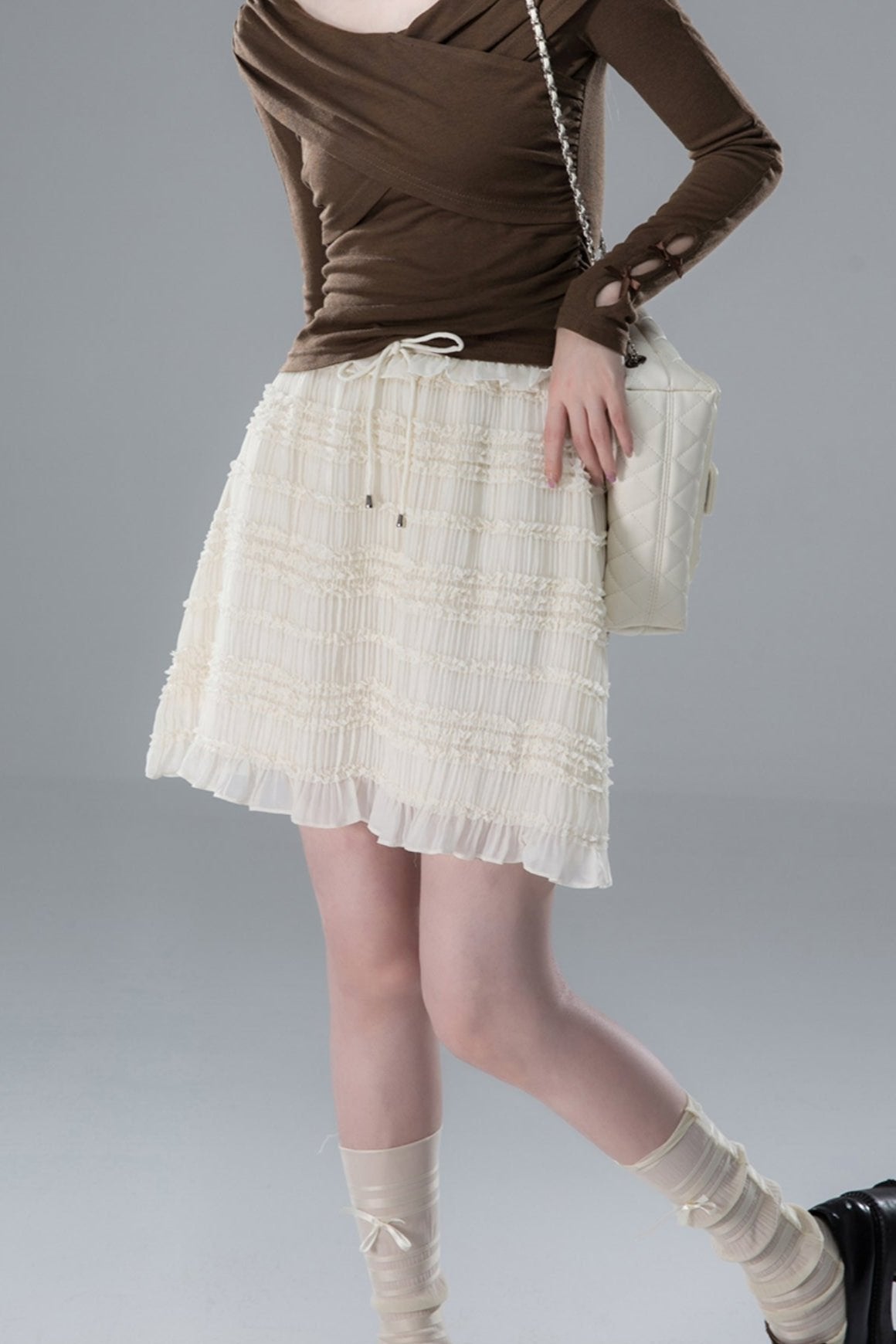 Light Apricot Pleated Layered Skirt