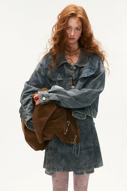 MAMC Distressed Denim Jacke Jacke kurzen Rock zweiteiligen Rock fallen neue Mode lässig Denim Anzug Frauen