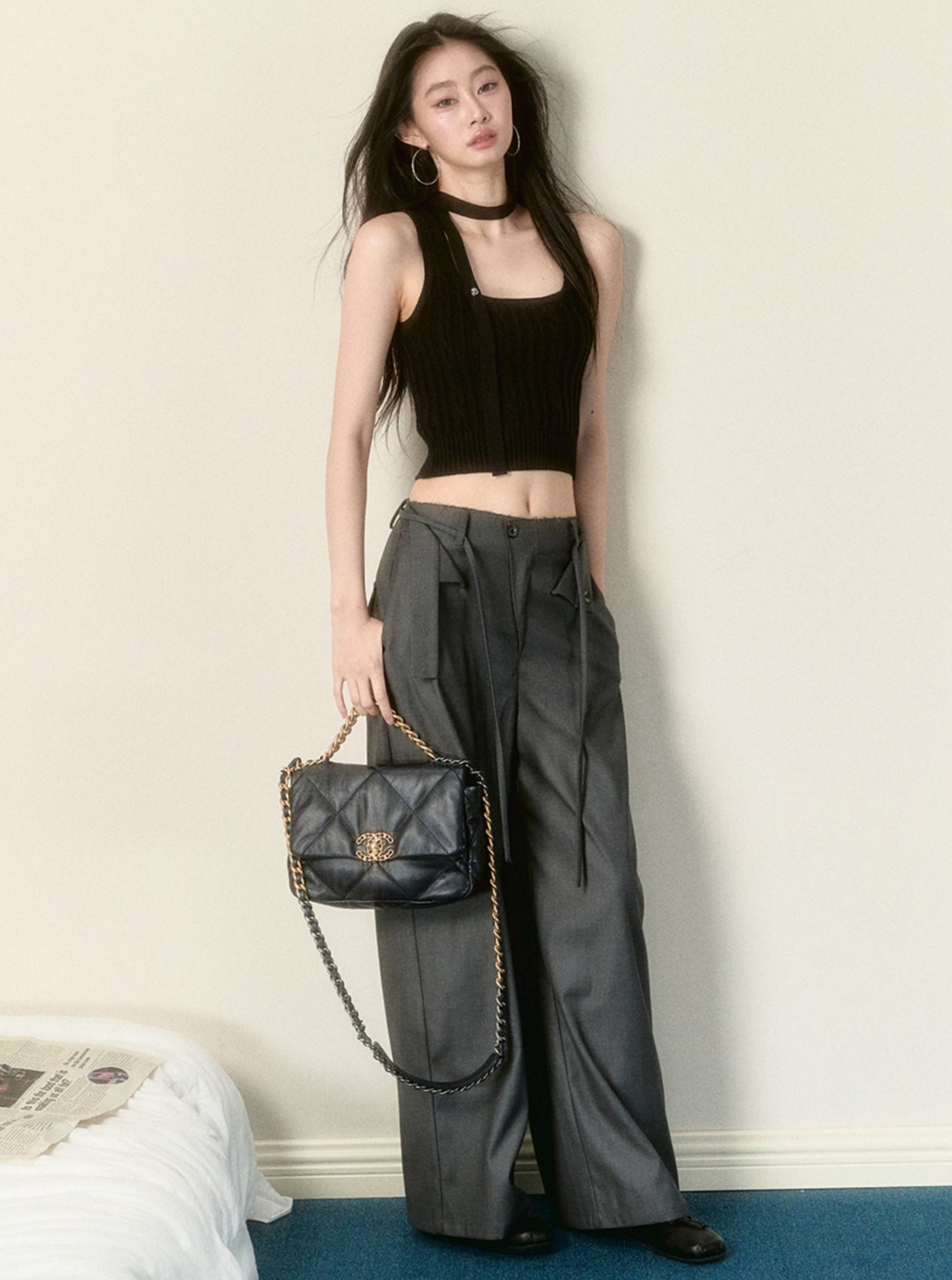 Turned-Up Gray Wide-Leg Pants