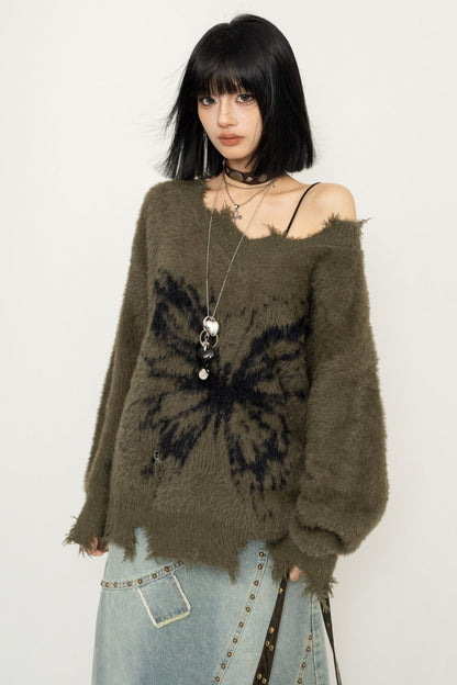 Frayed Sweater Butterfly Print Top