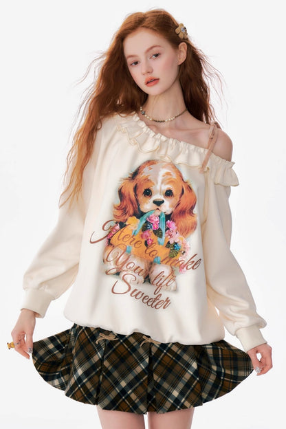 ziziFei Herbst und Winter amerikanischen Retro-Design Sinn einzeiligen Schulter lose faulen Wind Hund drucken off-the-shoulder Sweatshirt Frauen