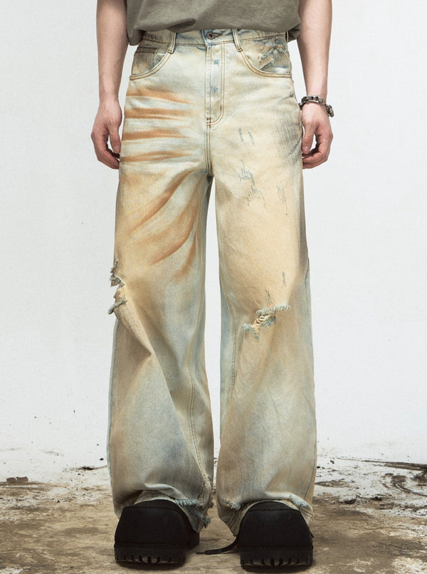 Retro Ripped Yellow Denim Pants