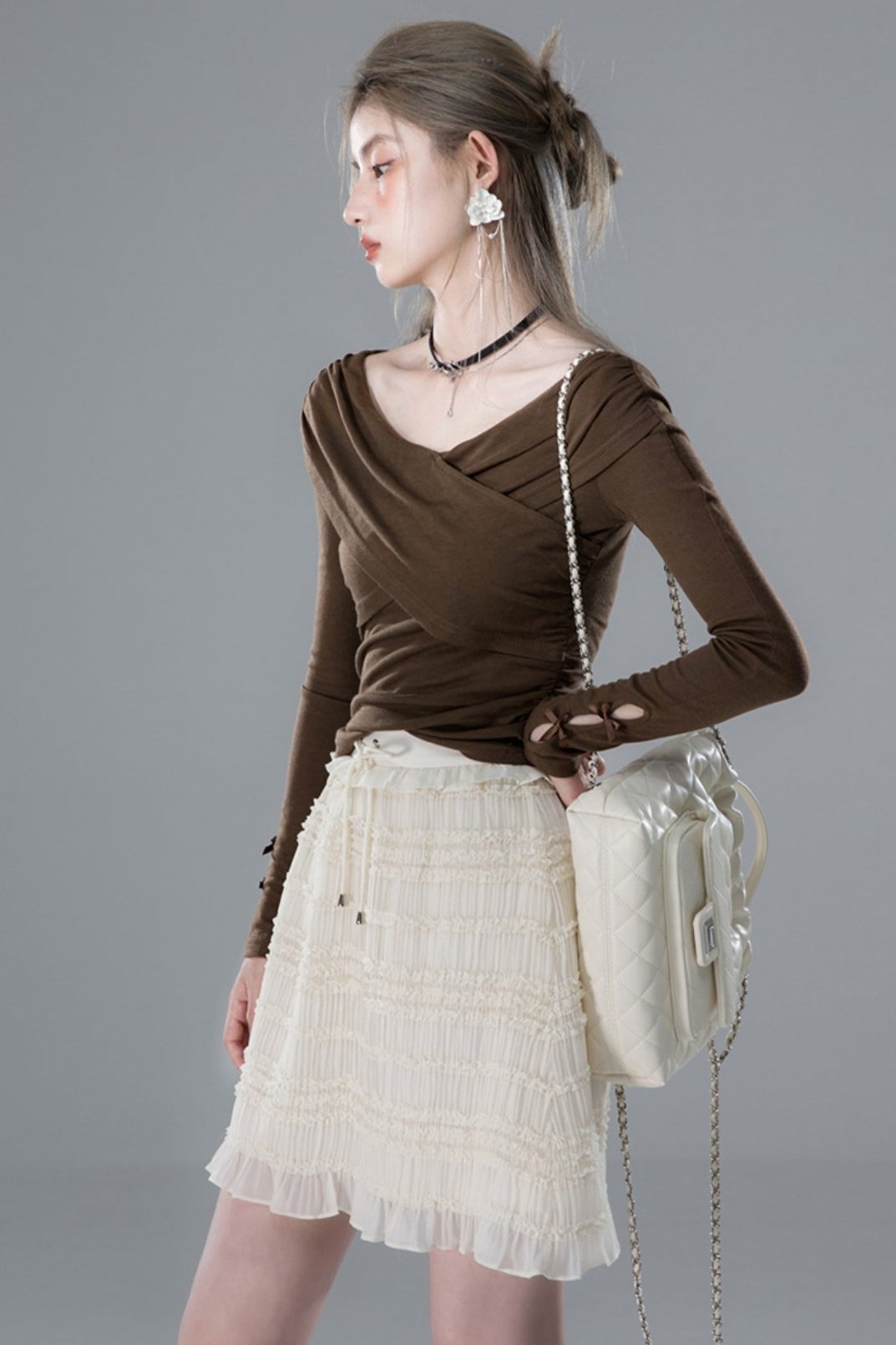 Light Apricot Pleated Layered Skirt