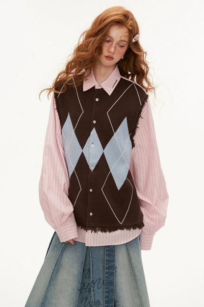 Stitched Checked Long Sleeve Sweater Shirt