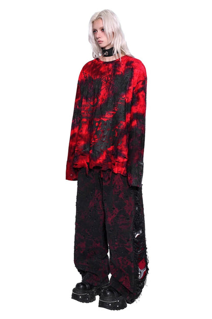 PINKSPINK|1111 NEW|ORIGINAL Electric Moon Dark Destruction Red & Black Tie-Dye Rock Punk Print Long T-Shirt