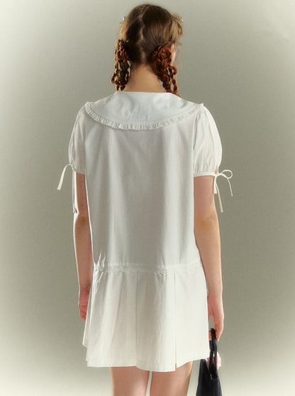 White Navy Collar Mulberry Trim Bow Dress