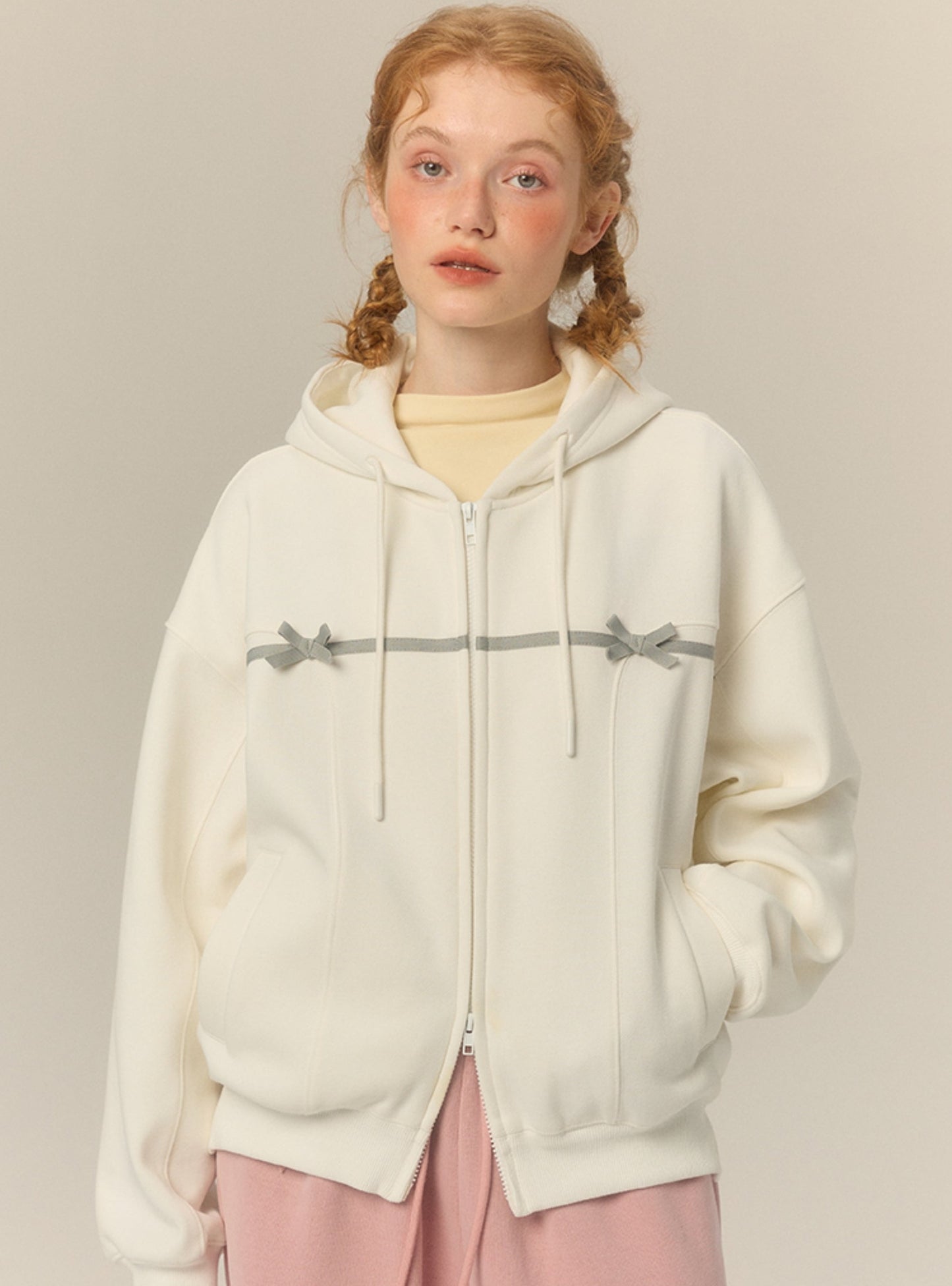 Bow hooded cardigan sweatshirt