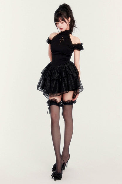 Gothic Cross Cut-Out Tutu Dress With Shorts Legging Set-UP