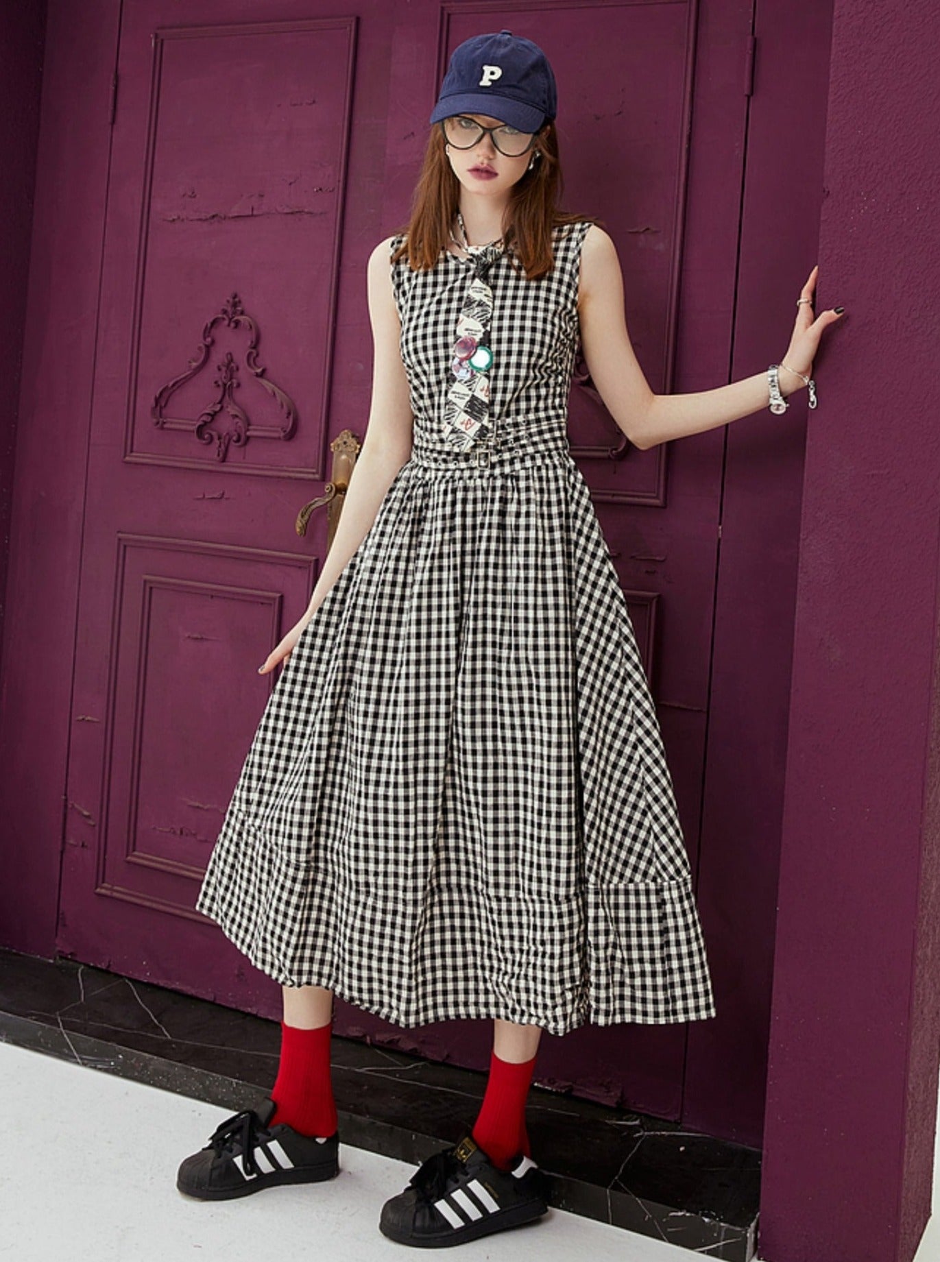 White Plaid Casual Waist Slim Vest Dress