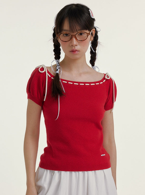 Cropped Square Neck Slim Bow Top