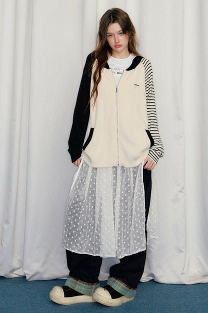 Black and White Striped Hooded Cardigan