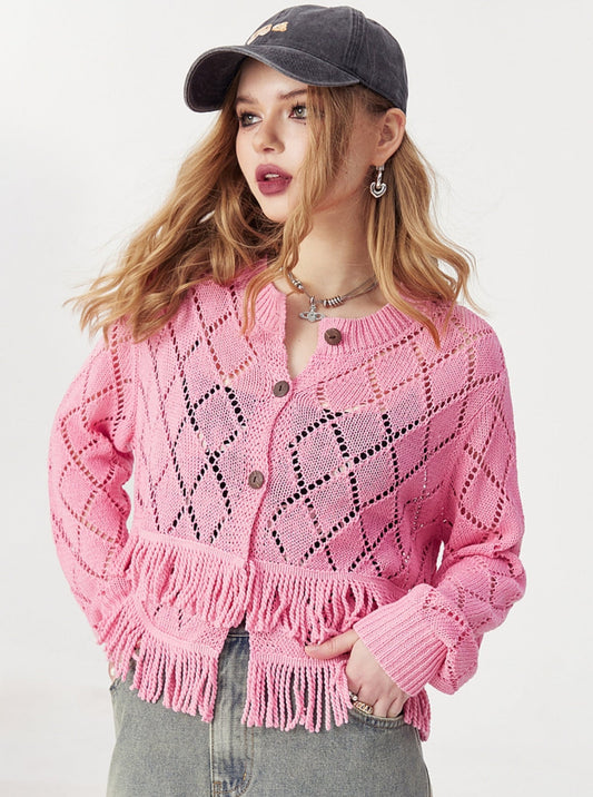 French Tassel Cut-Out Cardigan Top