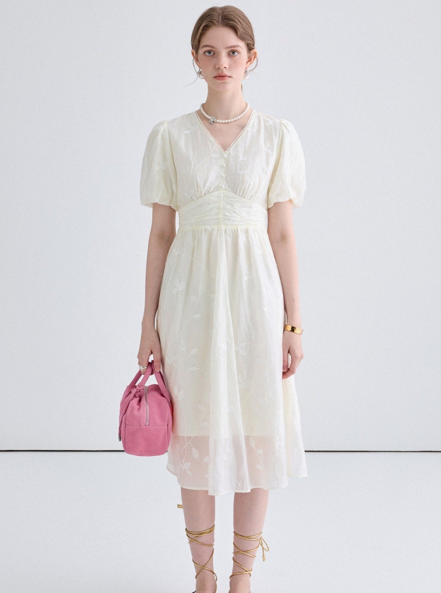 Embroidered Lace V-Neck Tea Break Dress