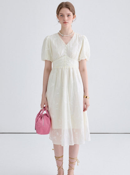 Embroidered Lace V-Neck Tea Break Dress